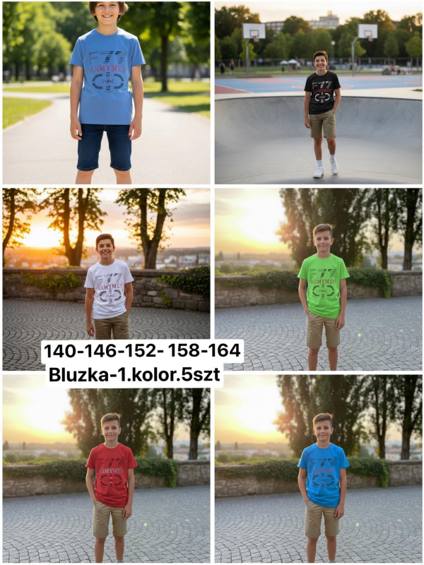 Bluzki chłopięce Roz 140-164, 1 kolor Paczka 5 szt